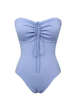 Hot Retro Stage 1970s Solid Drawstring Bandeau Swimsuit Sky Blue
