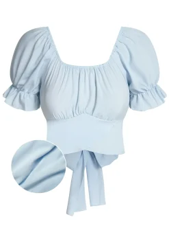 Sale Retro Stage 1950s Solid Puff Sleeves Tops Sky Blue