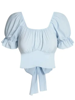 Sale Retro Stage 1950s Solid Puff Sleeves Tops Sky Blue