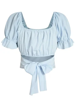 Sale Retro Stage 1950s Solid Puff Sleeves Tops Sky Blue