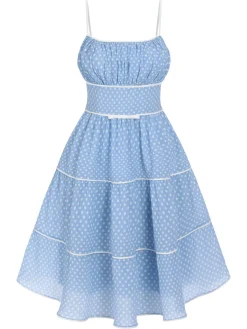 Clearance Retro Stage Sky Blue 1950s Strap Polka Dot Swing Dress
