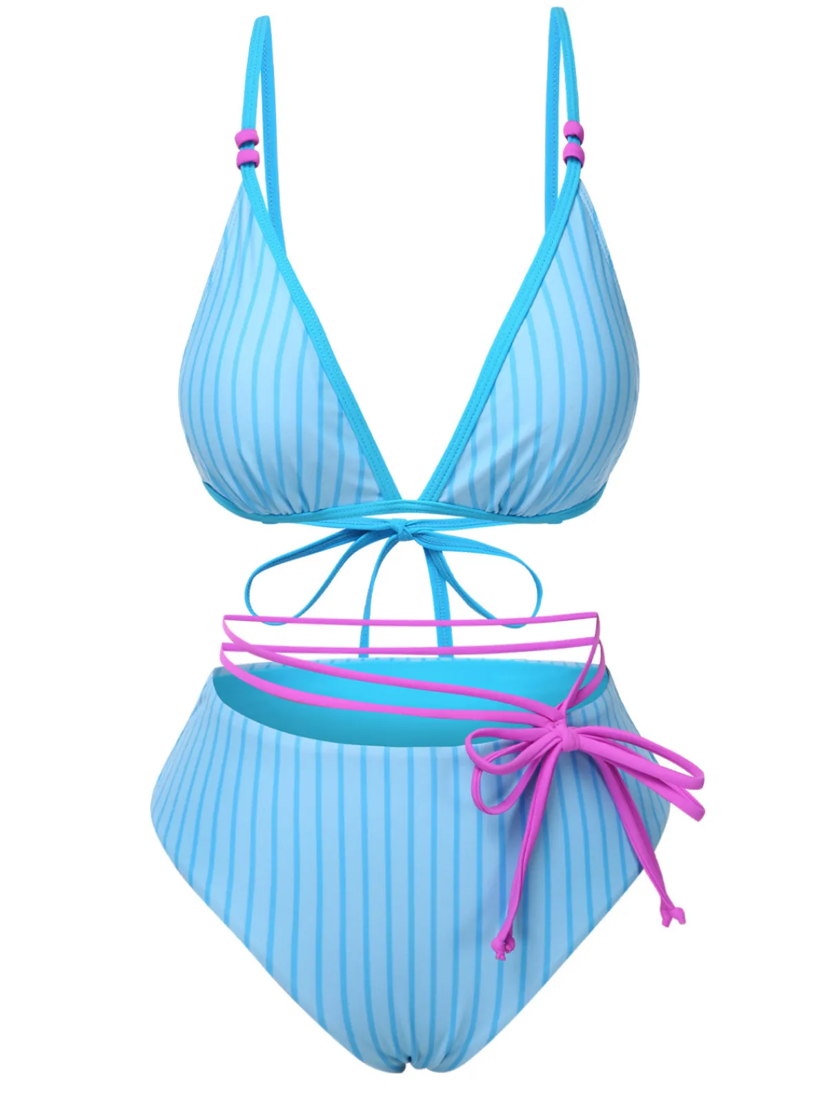 Sale Retro Stage 1960s Striped Lace-Up Bow Bikini Set Sky Blue