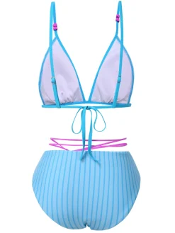 Sale Retro Stage 1960s Striped Lace-Up Bow Bikini Set Sky Blue