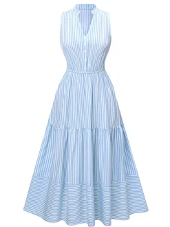 Online Retro Stage 1940s Stripes Stand Collar Dress Sky Blue