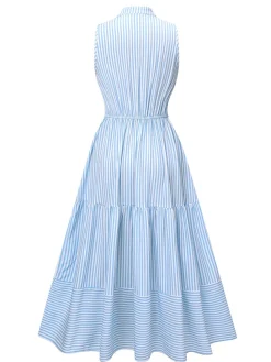 Online Retro Stage 1940s Stripes Stand Collar Dress Sky Blue