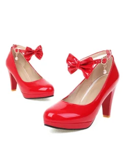 Hot Retro Stage Solid Leather Bowknot Buckle Strap Chunky Heels