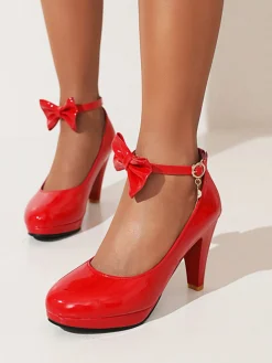 Hot Retro Stage Solid Leather Bowknot Buckle Strap Chunky Heels