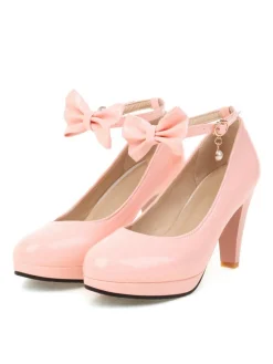 Hot Retro Stage Solid Leather Bowknot Buckle Strap Chunky Heels