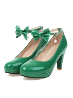 Hot Retro Stage Solid Leather Bowknot Buckle Strap Chunky Heels