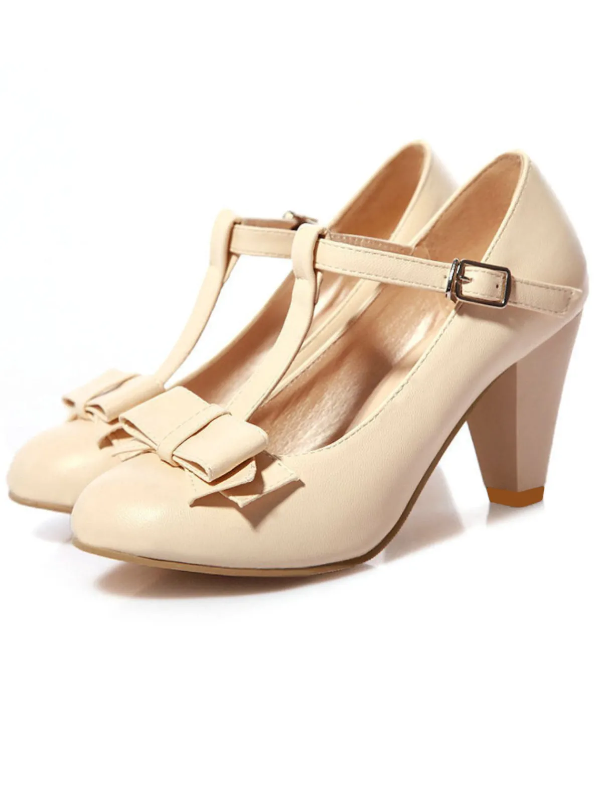 Sale Retro Stage Solid Leather Bowknot T-Strap Chunky Heels