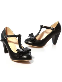 Sale Retro Stage Solid Leather Bowknot T-Strap Chunky Heels