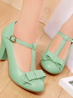 Sale Retro Stage Solid Leather Bowknot T-Strap Chunky Heels