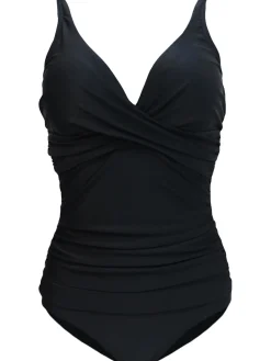 Discount Retro Stage Solid Pleated Strap One-piece Swimsuit Black