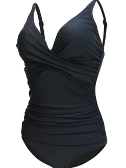 Discount Retro Stage Solid Pleated Strap One-piece Swimsuit Black