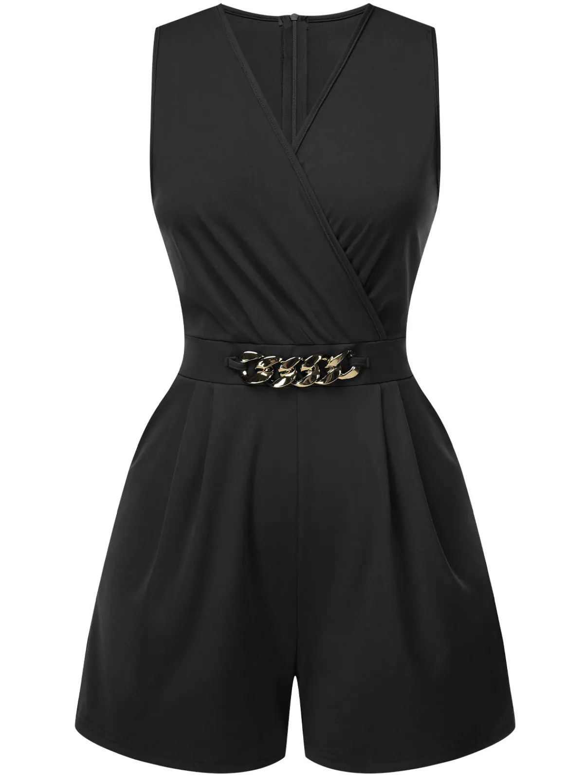 Hot Retro Stage Solid 1960s Surplice V-Neck Sleeveless Chain Romper