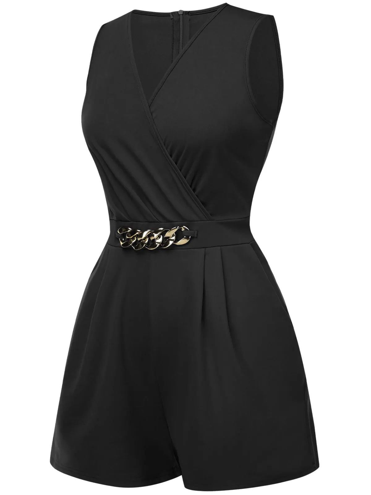 Hot Retro Stage Solid 1960s Surplice V-Neck Sleeveless Chain Romper