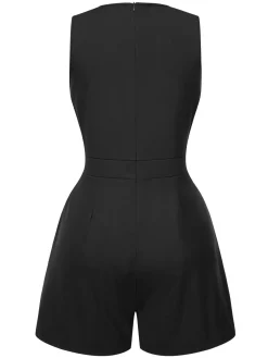 Hot Retro Stage Solid 1960s Surplice V-Neck Sleeveless Chain Romper