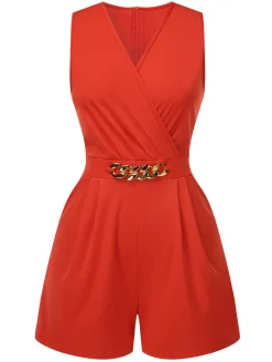 Hot Retro Stage Solid 1960s Surplice V-Neck Sleeveless Chain Romper