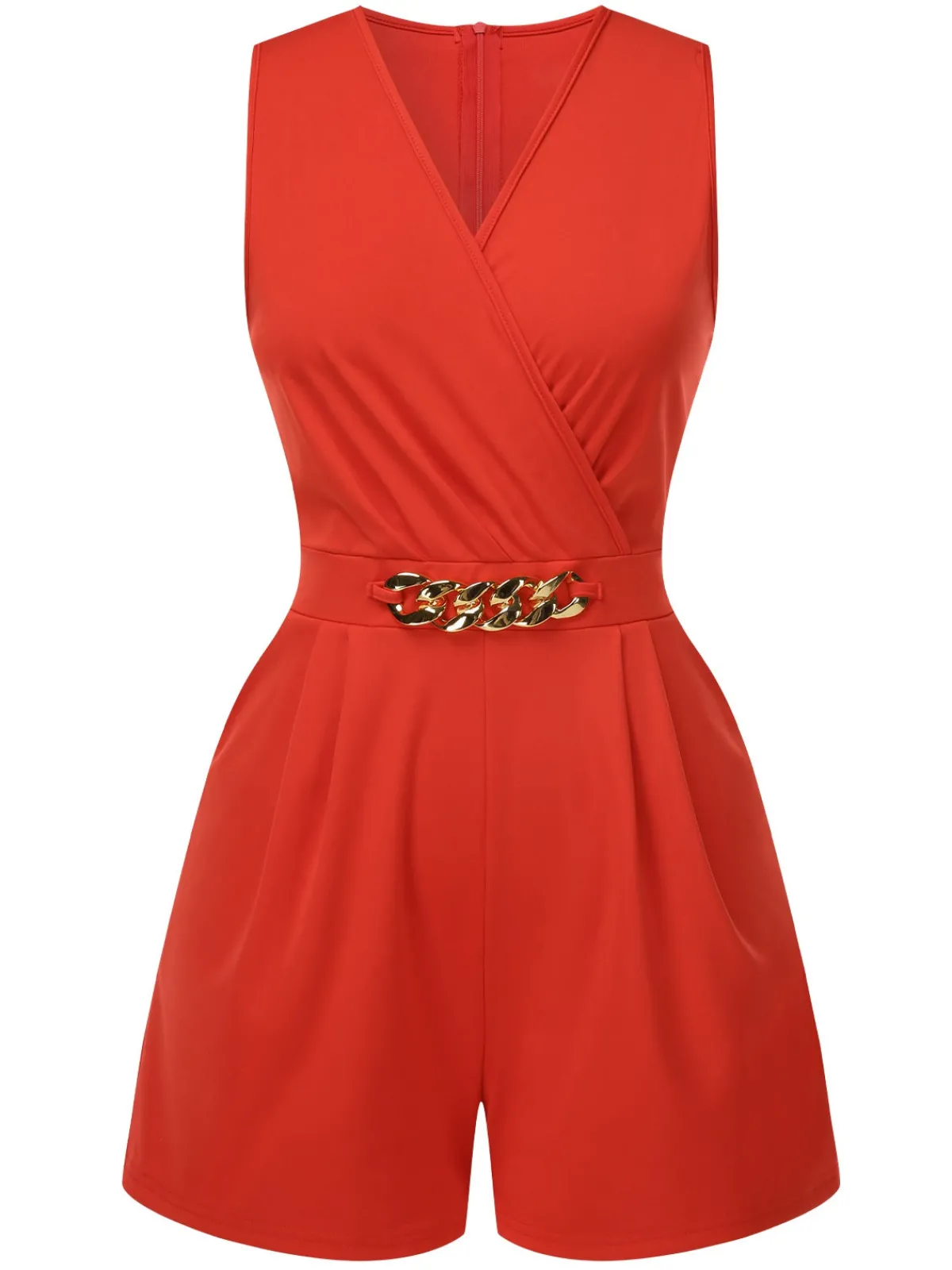 Hot Retro Stage Solid 1960s Surplice V-Neck Sleeveless Chain Romper