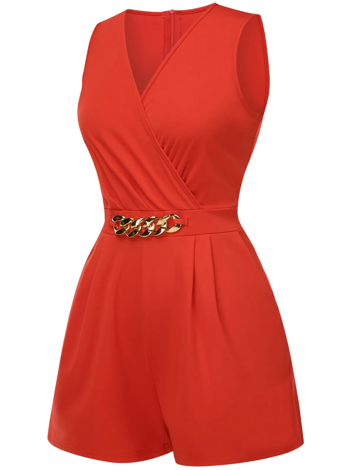 Hot Retro Stage Solid 1960s Surplice V-Neck Sleeveless Chain Romper