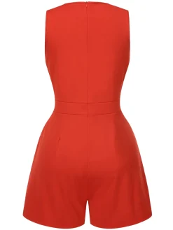 Hot Retro Stage Solid 1960s Surplice V-Neck Sleeveless Chain Romper