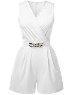 Hot Retro Stage Solid 1960s Surplice V-Neck Sleeveless Chain Romper