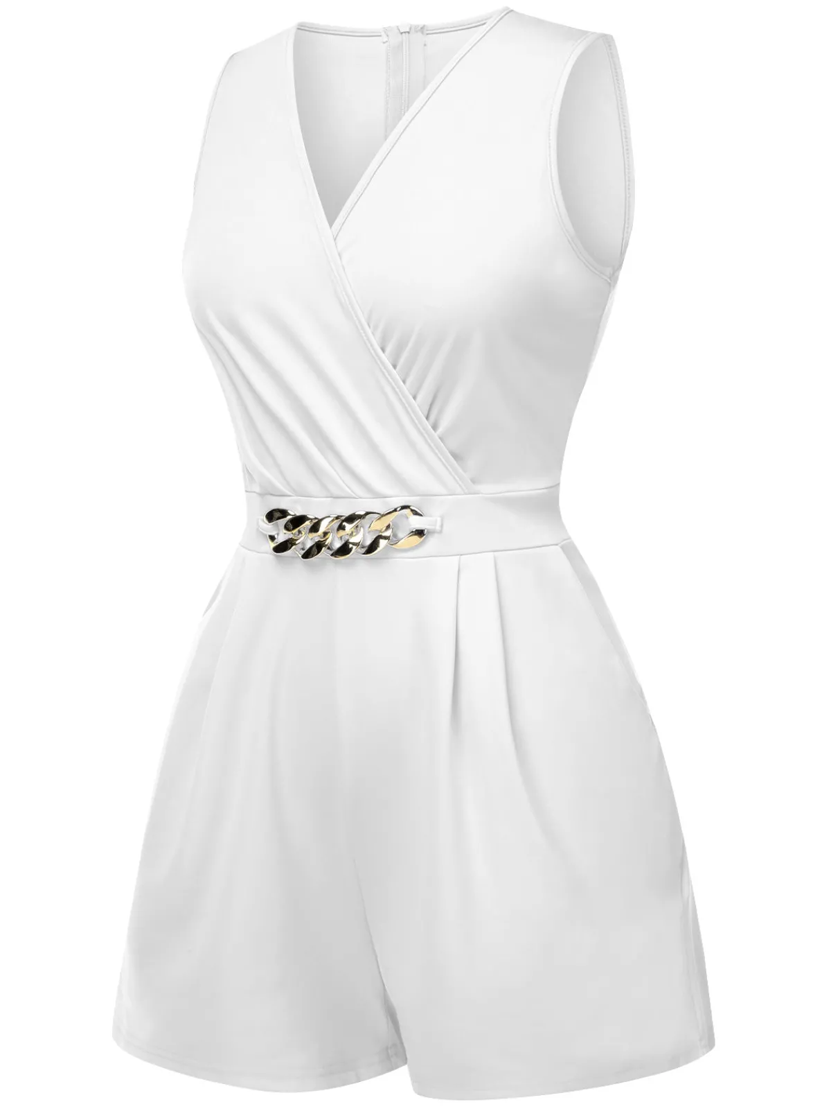 Hot Retro Stage Solid 1960s Surplice V-Neck Sleeveless Chain Romper