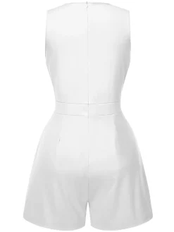 Hot Retro Stage Solid 1960s Surplice V-Neck Sleeveless Chain Romper