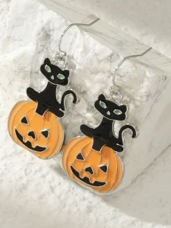 Hot Retro Stage Spooky Halloween Cat And Pumpkin Earrings