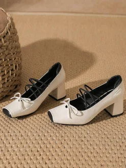New Retro Stage Square Toe Leather Bow High Heels