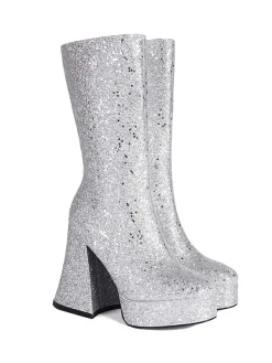 Outlet Retro Stage Square Toe Sequined Chunky Heel Mid-Calf Boots