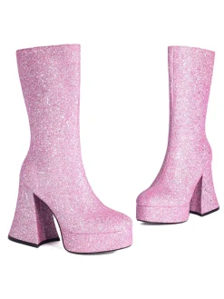 Outlet Retro Stage Square Toe Sequined Chunky Heel Mid-Calf Boots