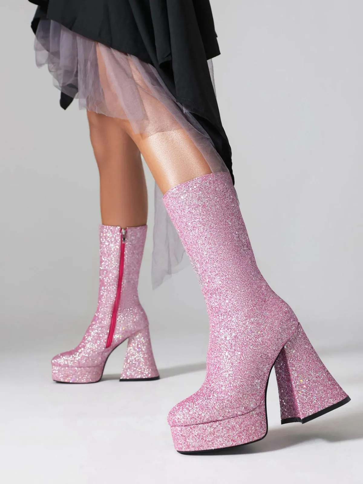 Outlet Retro Stage Square Toe Sequined Chunky Heel Mid-Calf Boots