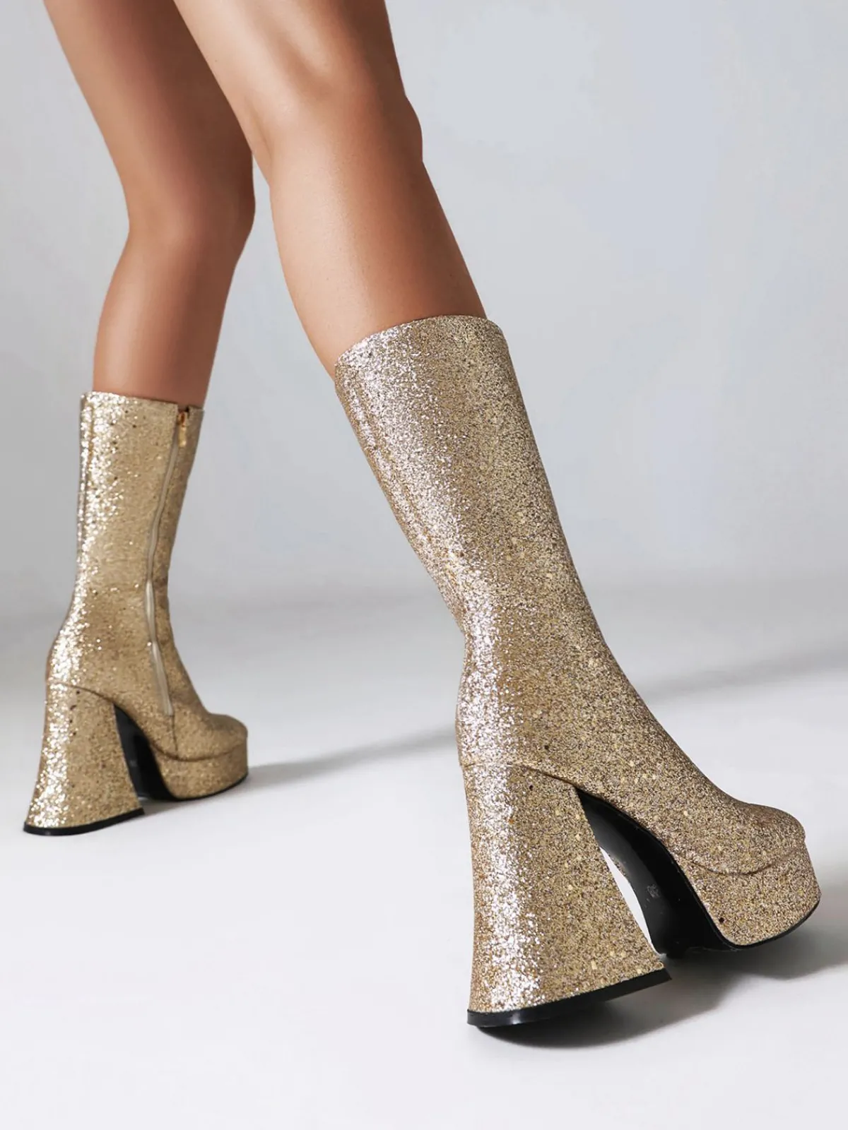 Outlet Retro Stage Square Toe Sequined Chunky Heel Mid-Calf Boots