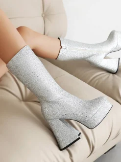 Outlet Retro Stage Square Toe Sequined Chunky Heel Mid-Calf Boots