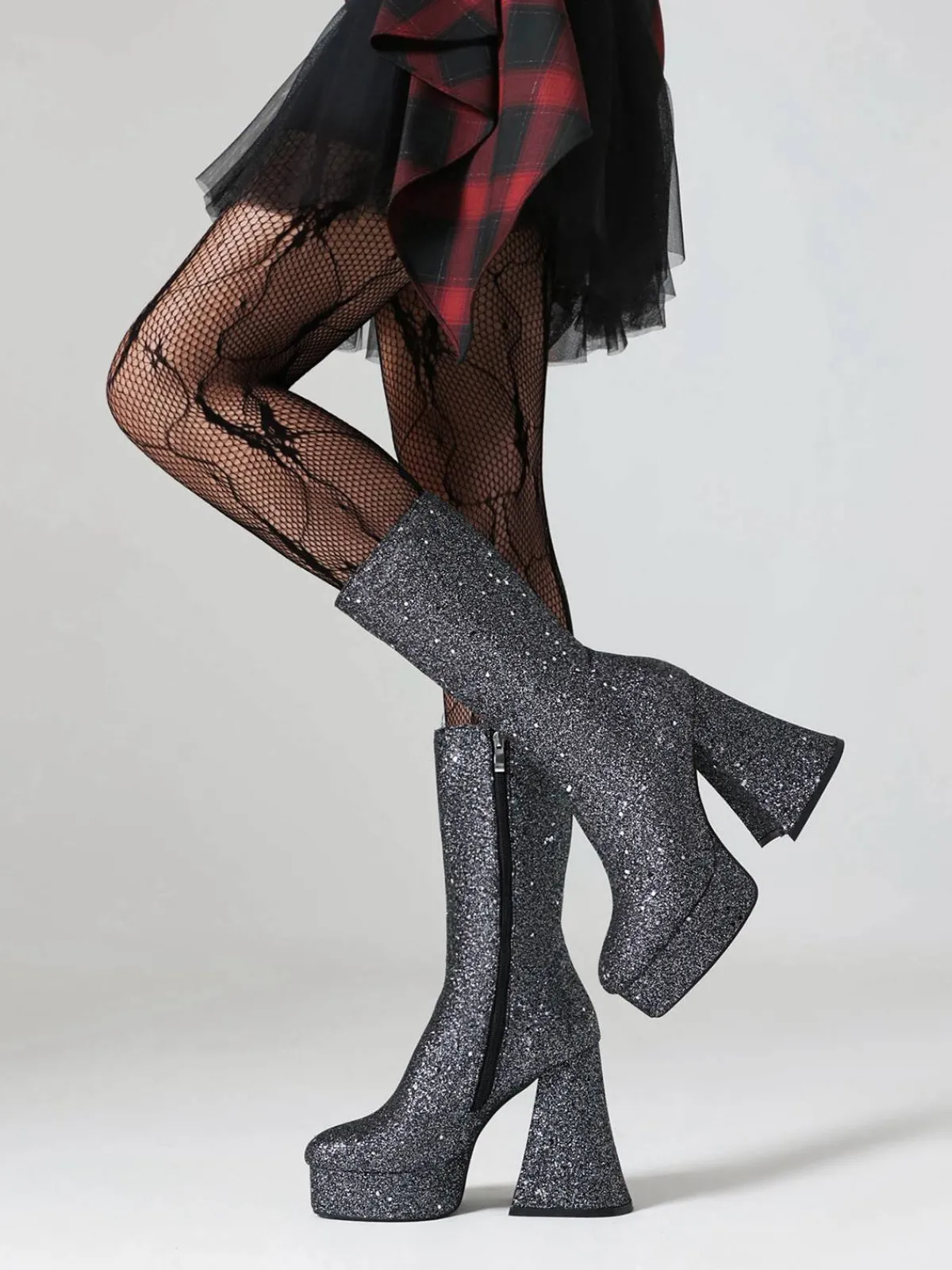 Outlet Retro Stage Square Toe Sequined Chunky Heel Mid-Calf Boots