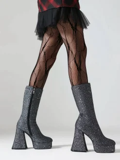 Outlet Retro Stage Square Toe Sequined Chunky Heel Mid-Calf Boots