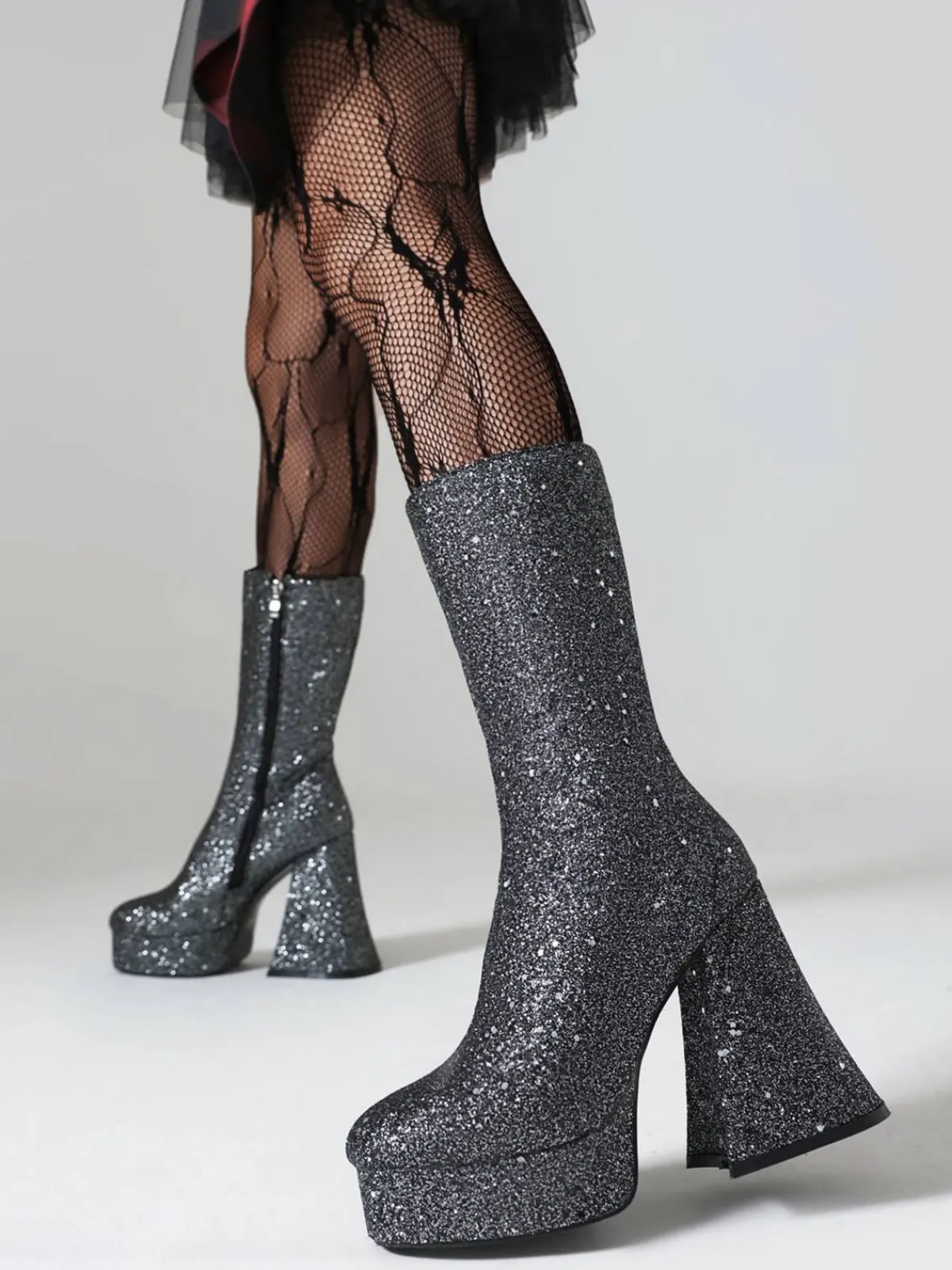 Outlet Retro Stage Square Toe Sequined Chunky Heel Mid-Calf Boots