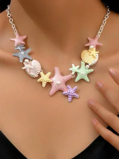 Hot Retro Stage Starfish Seashell Pearl Inlaid Chain Necklace