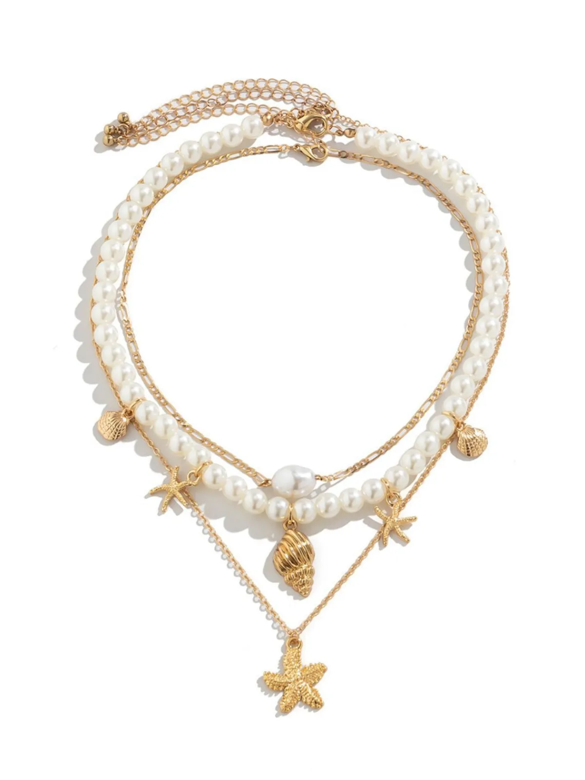 New Retro Stage Starfish Seashell Pearl Layered Chain Necklace