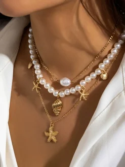 New Retro Stage Starfish Seashell Pearl Layered Chain Necklace