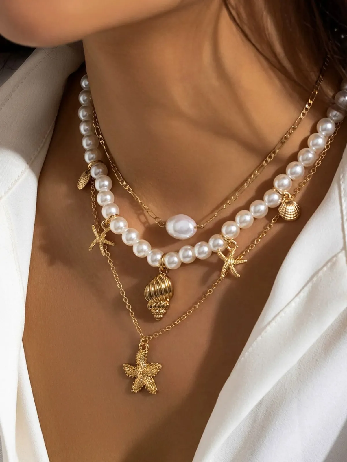 New Retro Stage Starfish Seashell Pearl Layered Chain Necklace