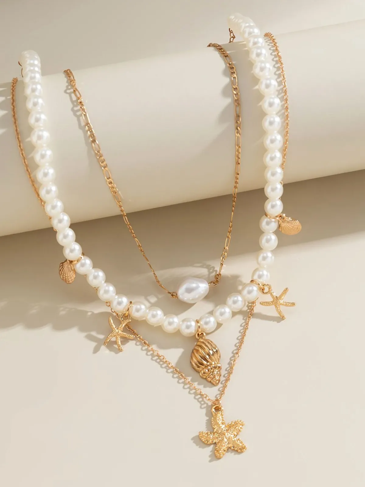 New Retro Stage Starfish Seashell Pearl Layered Chain Necklace