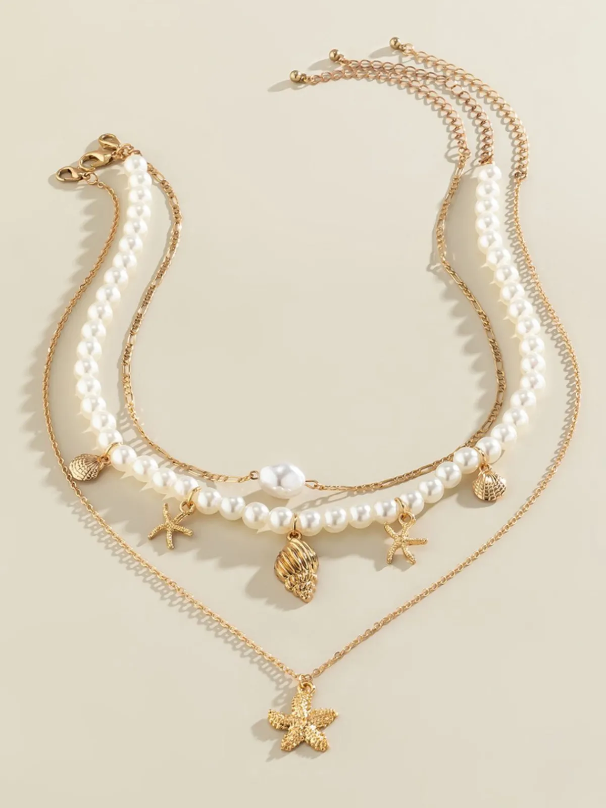 New Retro Stage Starfish Seashell Pearl Layered Chain Necklace