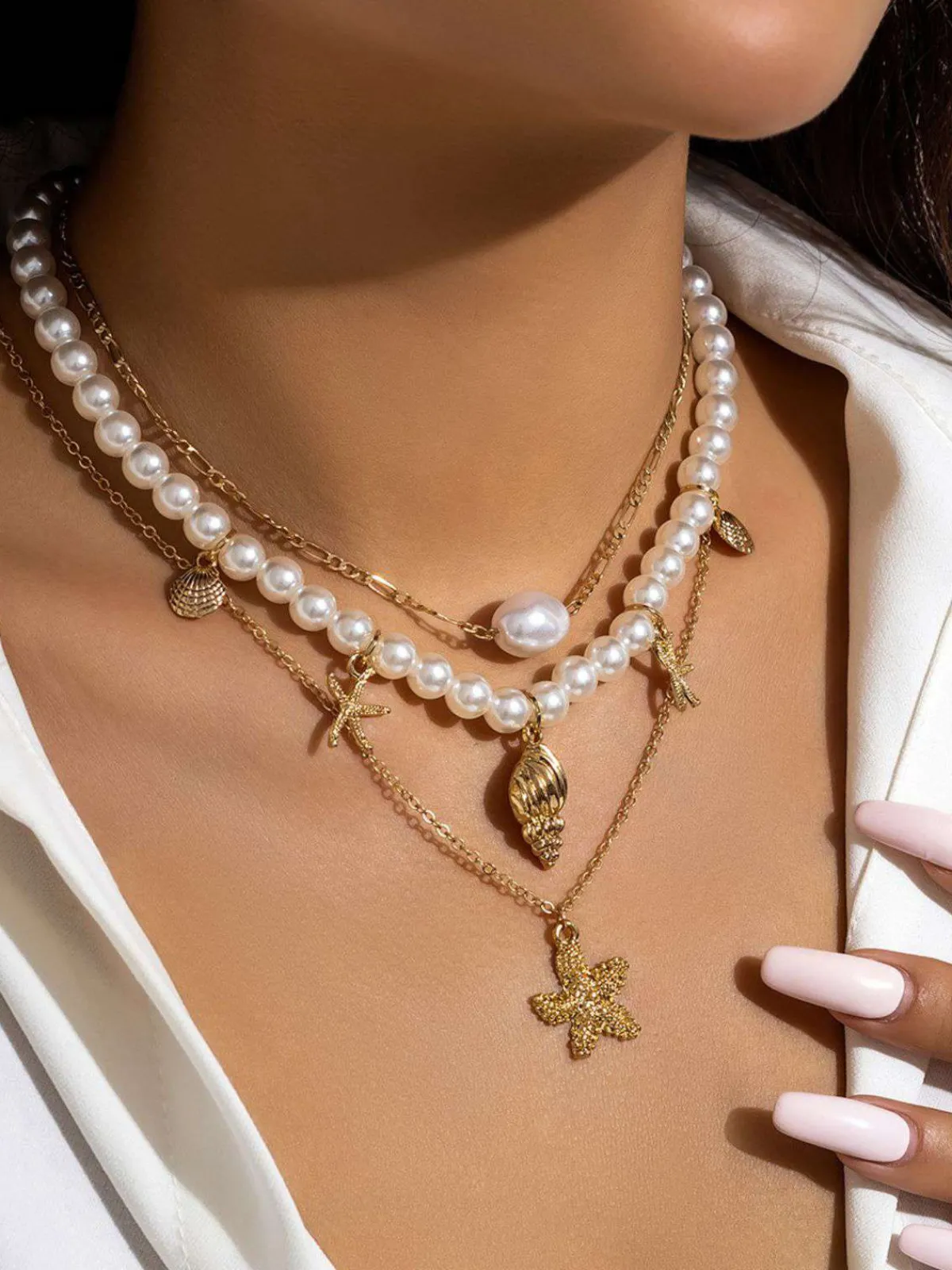 New Retro Stage Starfish Seashell Pearl Layered Chain Necklace