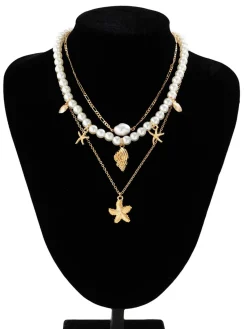 New Retro Stage Starfish Seashell Pearl Layered Chain Necklace