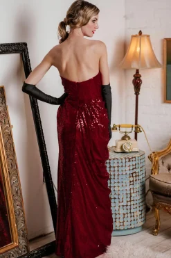 Hot Retro Stage Strapless Sequin Bridesmaid Dress Dark Red
