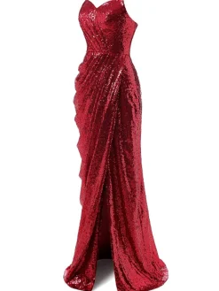 Hot Retro Stage Strapless Sequin Bridesmaid Dress Dark Red