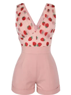 Clearance Retro Stage Strawberry 1950s Patchwork Lace Romper Pink