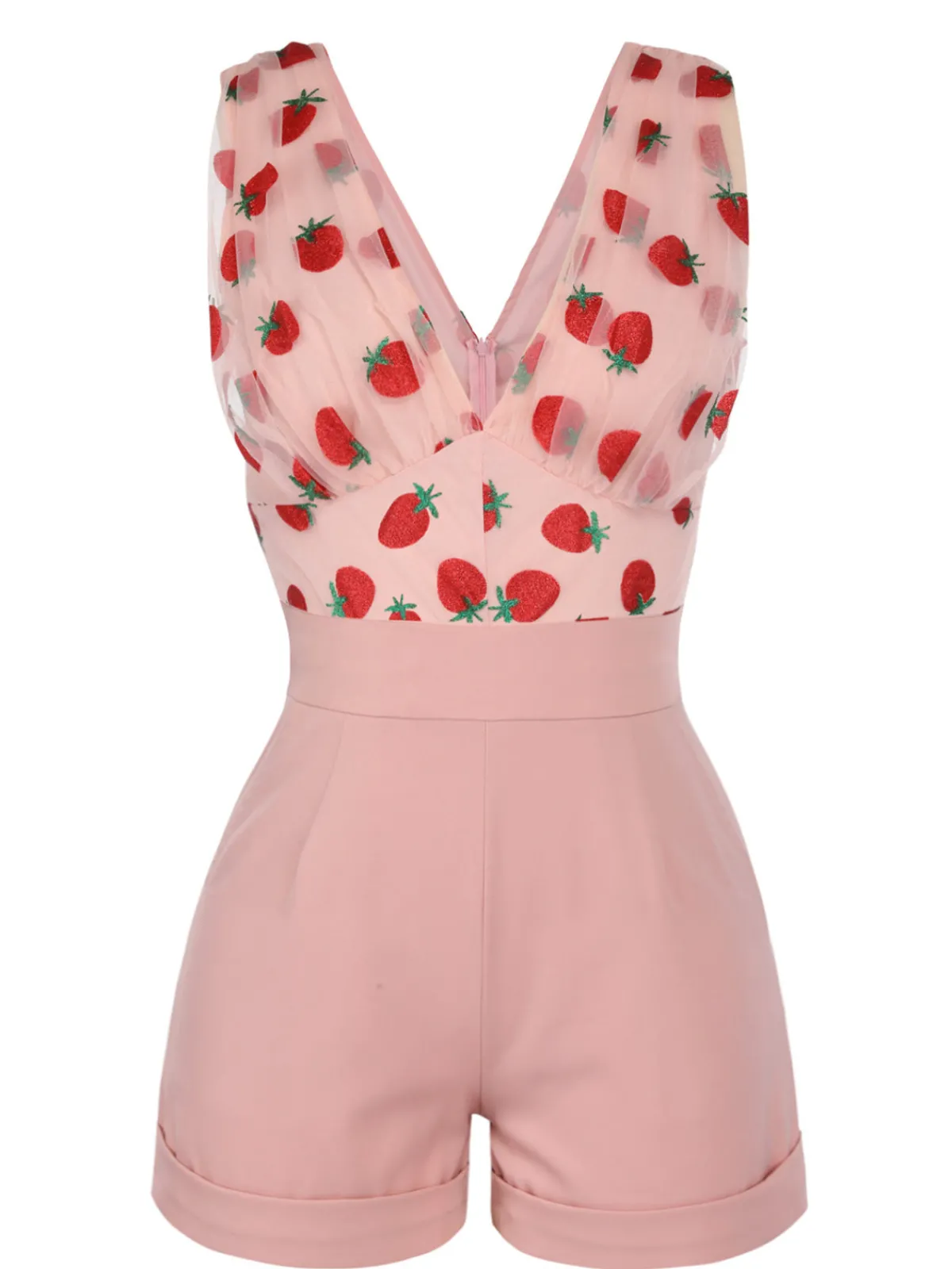 Clearance Retro Stage Strawberry 1950s Patchwork Lace Romper Pink